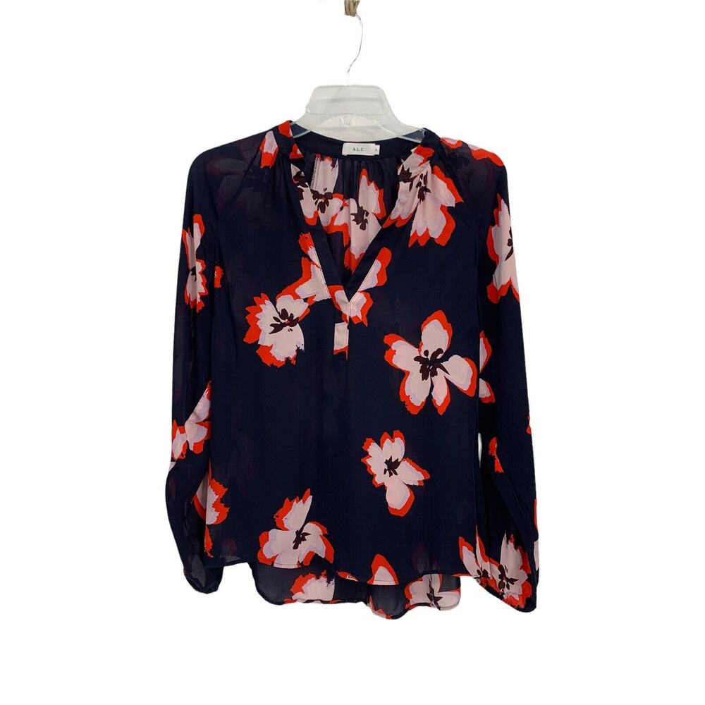 A.L.C. Jules Blouse Blue Floral Print Silk Size 2